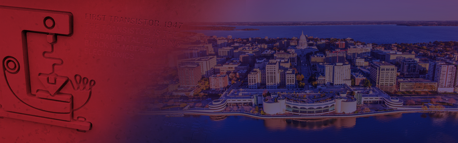 Aerial view of a Madison, Wisconsin skyline and UW-Madison's First Transistor statue