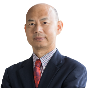 Mature asian man with little hair wearing a suit jacket and red tie.