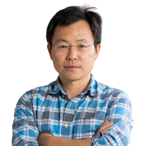 Asian man with short black hair wearing glasses and a blue and gray plaid button down shirt.