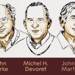 line illustration of three men, with the text "John Clarke, Michel H. Devoret, John M. Martinis"
