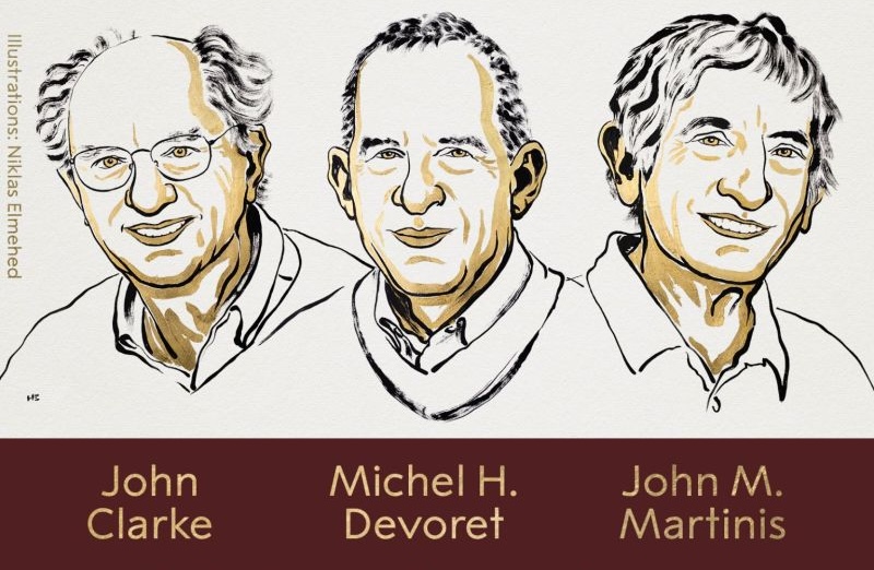 line illustration of three men, with the text "John Clarke, Michel H. Devoret, John M. Martinis"
