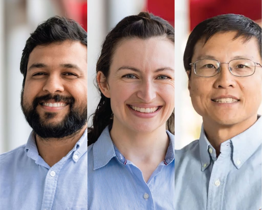 headshots of three people, one south asian man, one white woman, and one asian man