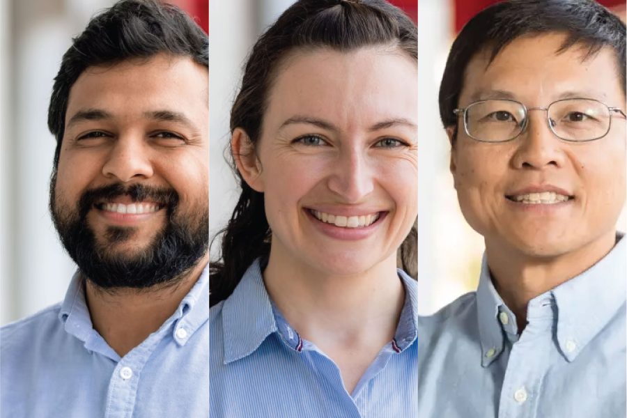 headshots of three people, one south asian man, one white woman, and one asian man